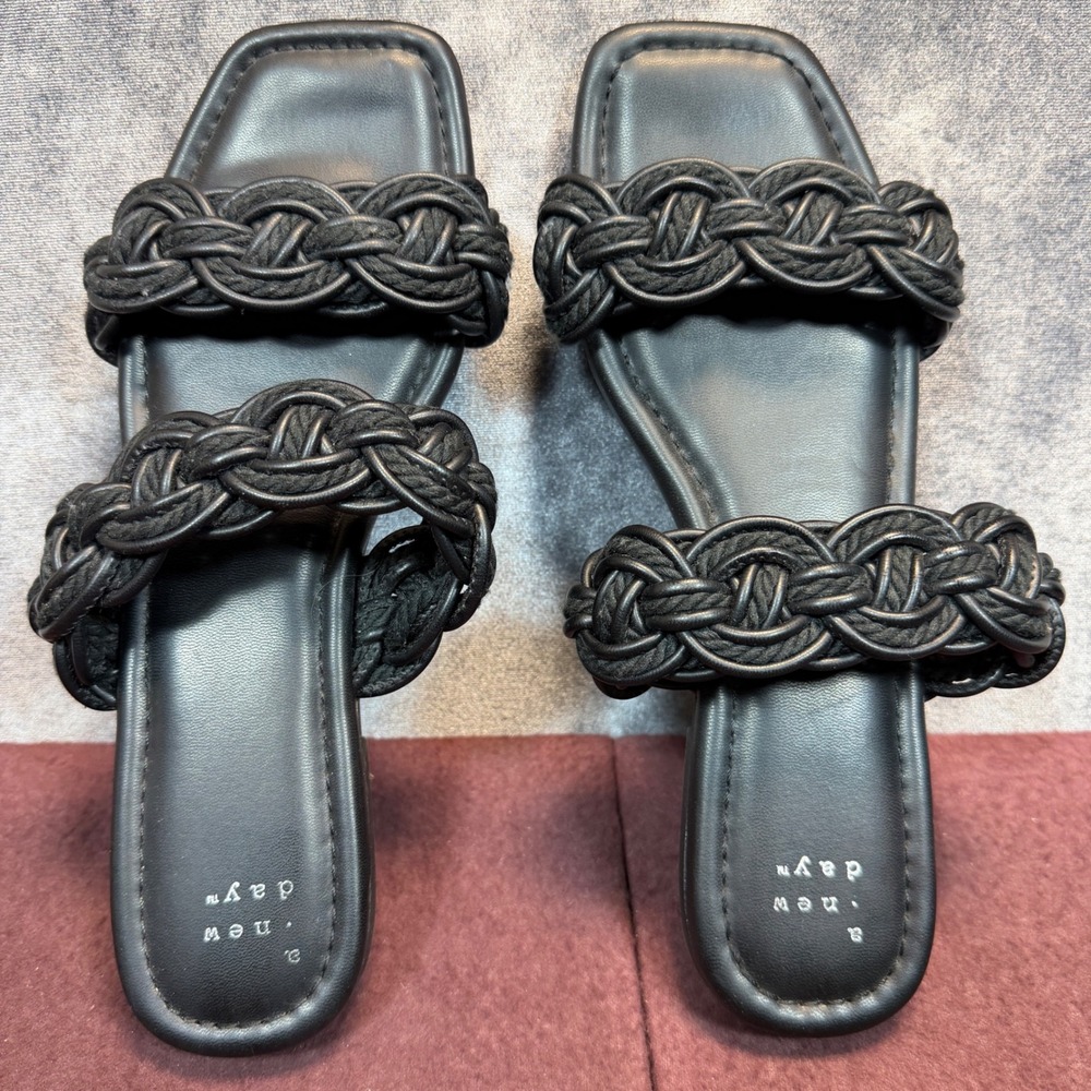 A New Day Sandals Women Black Regular 8.5 Braided Double Strap Square Toe Slides